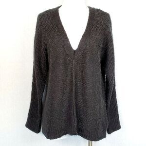 Free People Wool Alpaca Blend V- Neck Sweater Black Relaxed Boxy XS